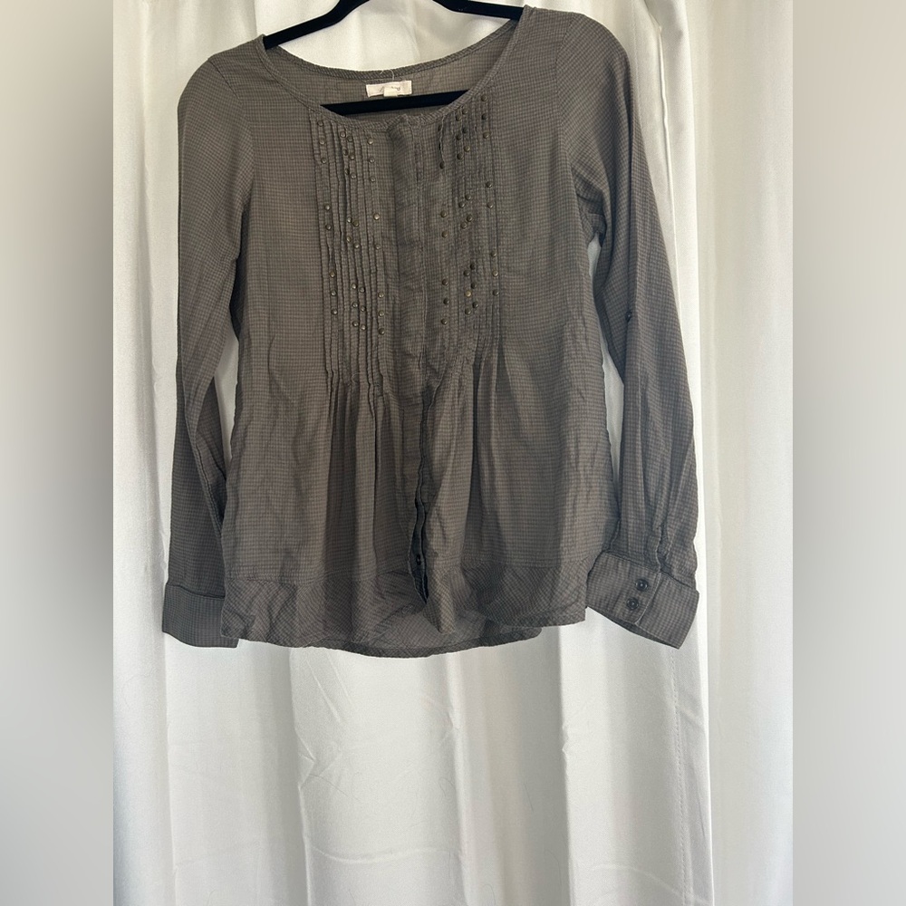Freebird Green Long‎ Sleeve Subtle Plaid Metallic Detail Military Top Cotton